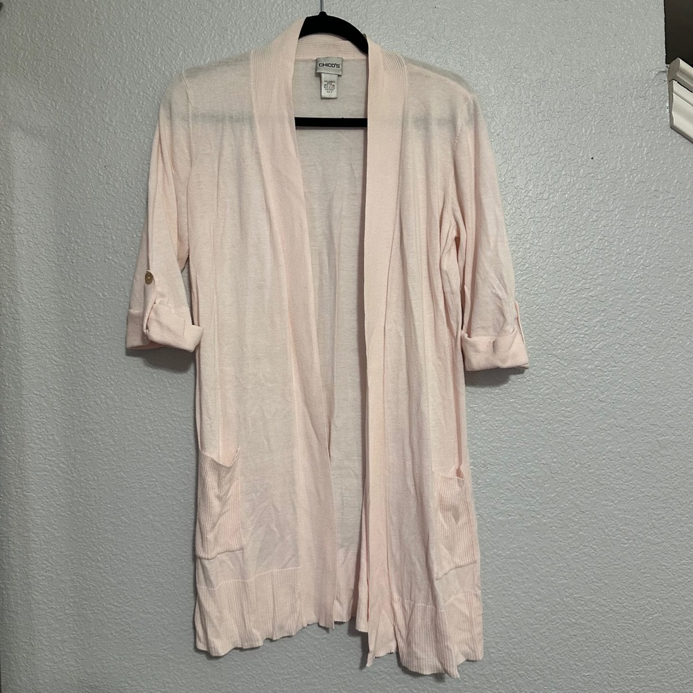 Chicos Pink Bamboo Cotton Roll Tab Sleeve Open Front Cardigan Size 2 Large
